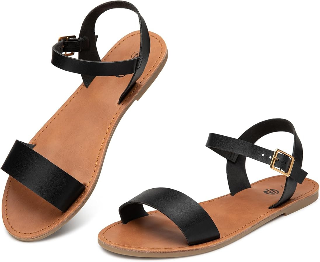 Rekayla Flat Faux Leather Ankle Strap and Adjustable Buckle Sandals for Women | Amazon (US)