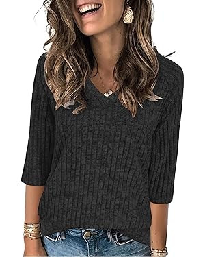 JomeDesign Womens Sweaters 3/4 Sleeve Shirts V Neck Sweatshirts Loose Casual Tunic Blouses Fashio... | Amazon (US)