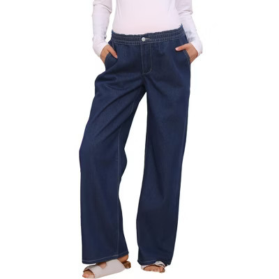 INSPIRE CHIC Women's Maternity Jeans Elastic Waist Wide Leg Long Loose Pregnancy Denim Pants with Pockets Medium Deep Blue | Target