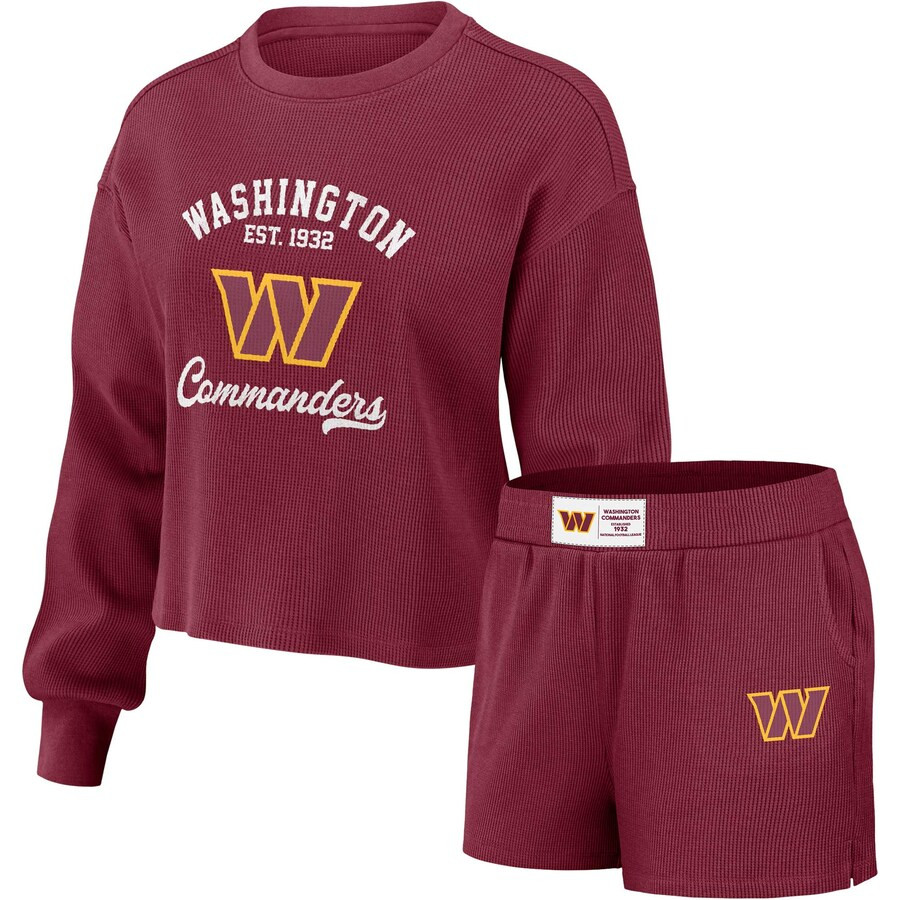 Washington Commanders WEAR by Erin Andrews Women's Waffle Knit Long Sleeve T-Shirt & Shorts Loung... | Fanatics