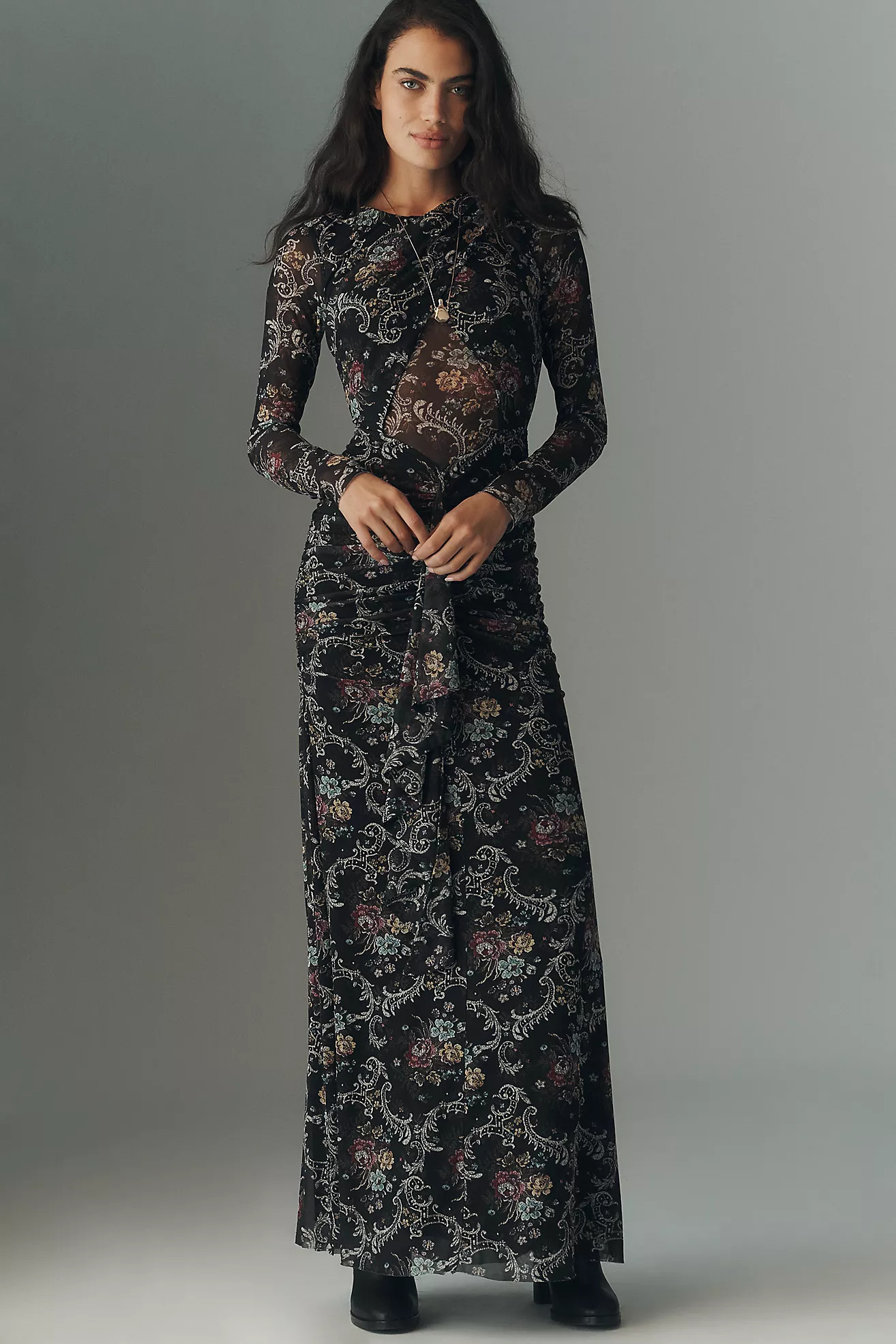 AFRM Daysa Long-Sleeve Ruched Mesh Maxi Dress | Anthropologie (US)