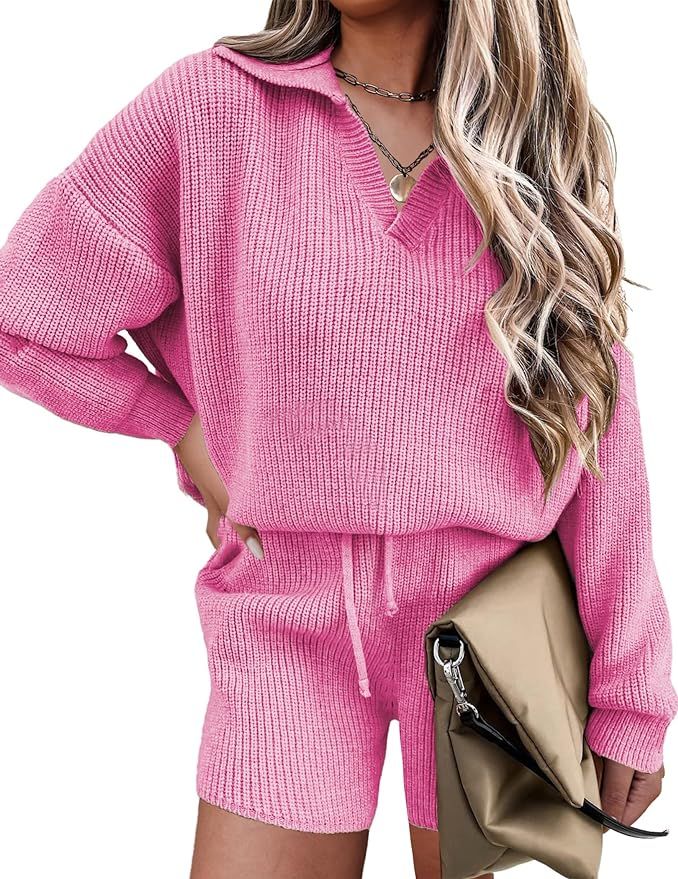 Ekouaer Women's 2 Piece Outfits Long Sleeve Knit Top and Short Pajama Sets Oversized Sweatsuit Sw... | Amazon (US)