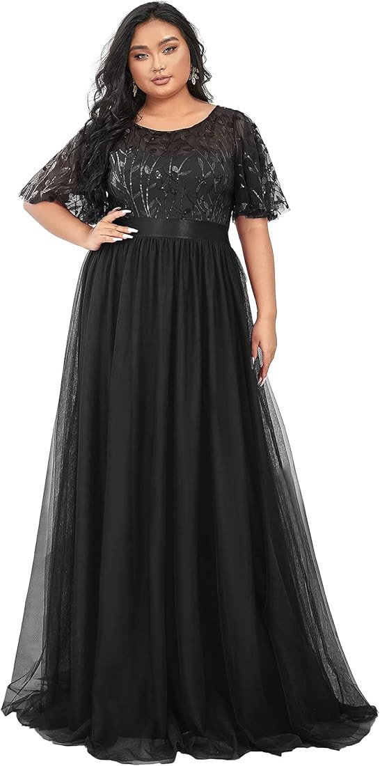 Ever-Pretty Women's Round Neck Short Sleeves Plus Size A-Line Tulle Sequin Formal Evening Dresses... | Amazon (US)