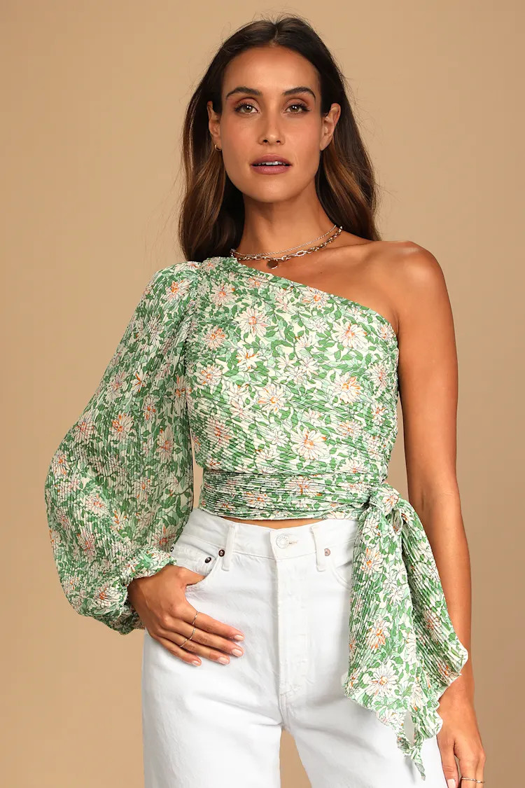 Grow Toward Love Green Floral Print Pleated One-Shoulder Top | Lulus (US)