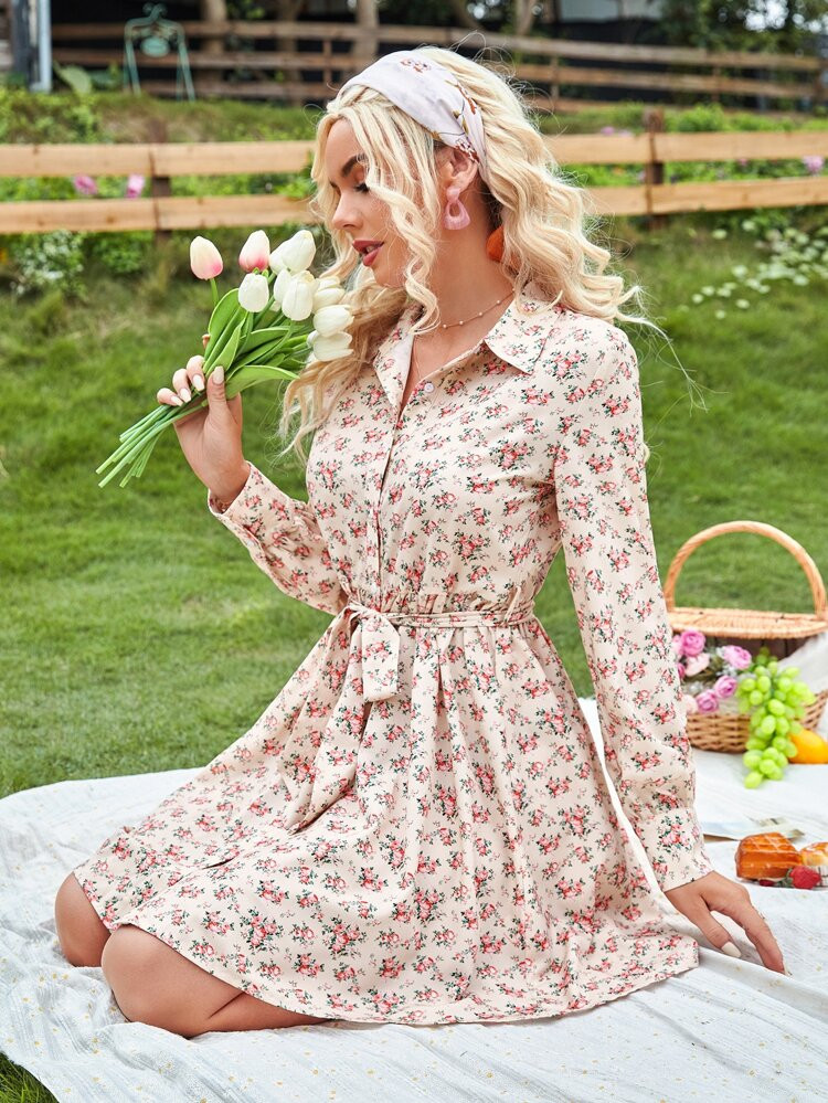 Ditsy Floral Print Belted Dress | SHEIN