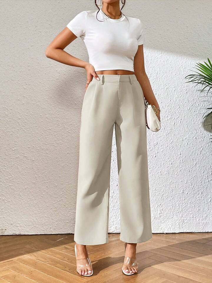 SHEIN PETITE Solid Color Straight-Leg Pants | SHEIN