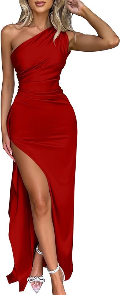 Memoriesea Women's Sexy One Shoulder Satin High Split Cocktail Wedding Party Maxi Dress | Amazon (US)