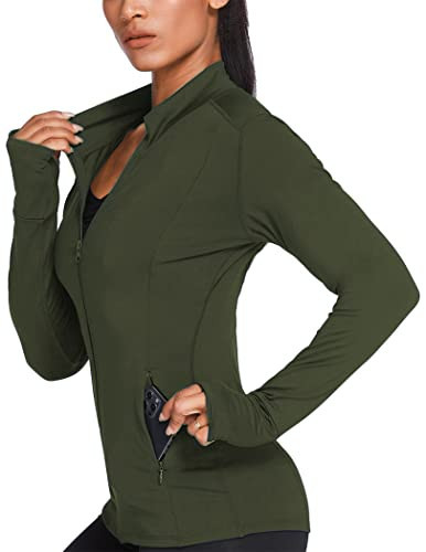 PINSPARK Track Jackets for Women Slim Fit Quick Dry Sports Jacket Running Activewear Zip Up Tops Army Green S | Amazon (US)