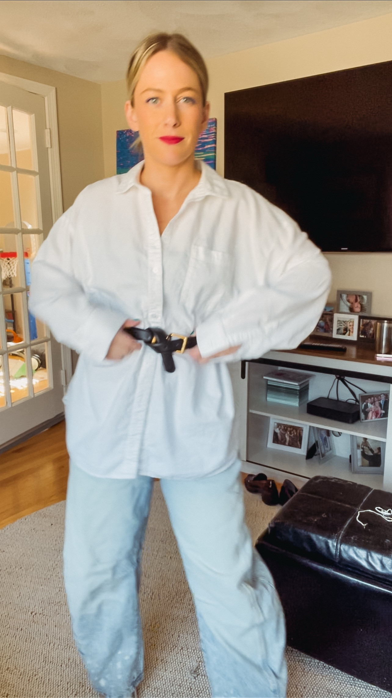 Oversized white oxford collared shirt (wearing M for larger fit) 
Free people barrel jeans (wearing 26 R)
Black faux designer belt 
Matte red lip 
Silver bootie 

Spring look work to night 

#LTKWatchNow #LTKShoeCrush #LTKStyleTip