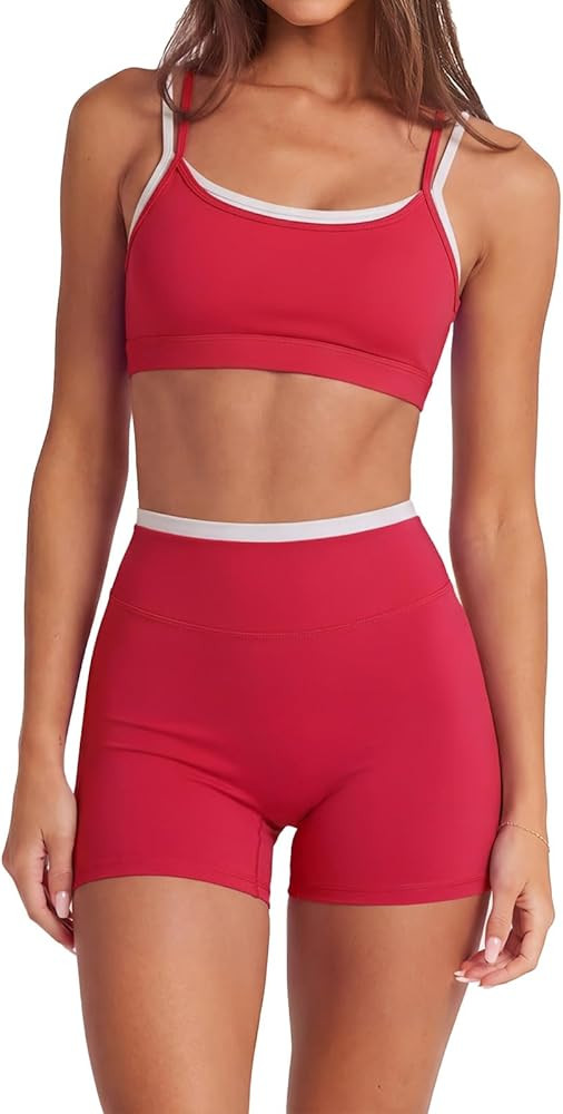 SUUKSESS Women 2 Pieces Workout Sets Padded Spaghetti Straps Camis High Waist Biker Shorts | Amazon (US)