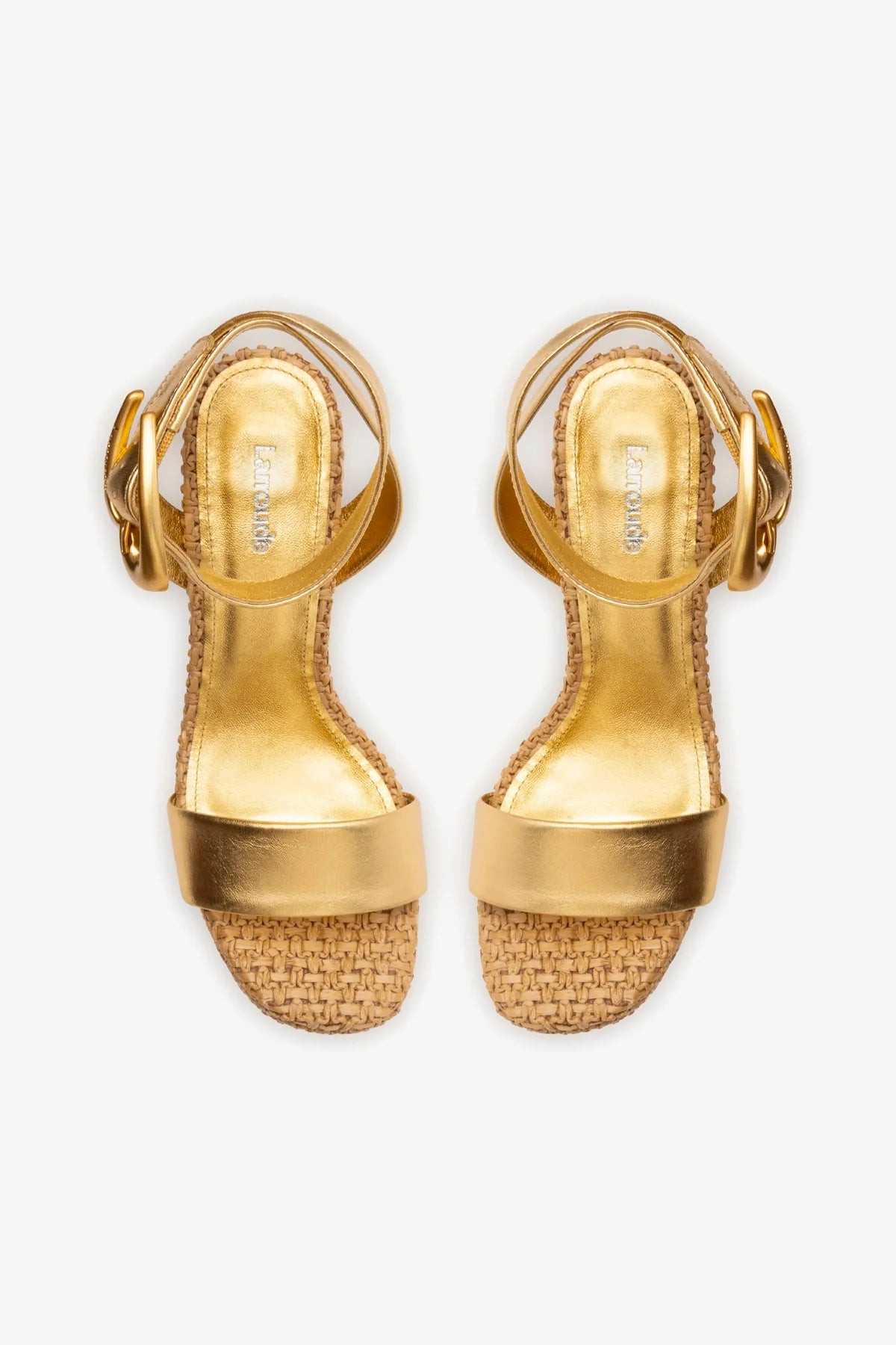 Dolly Verona Sandal In Gold Metallic Leather and Natural Raffia | Larroude