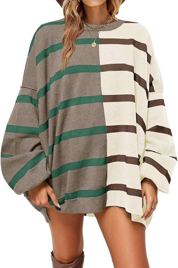 Fisoew Womens Striped Pullover Sweater Crew Neck Long Sleeve Knitted Color Block Casual Loose Lig... | Amazon (US)