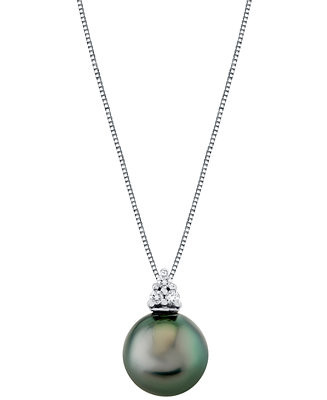 Cultured Tahitian Pearl (9mm) & Diamonds (1/10 ct. t.w.) 18" Pendant Necklace in 14k White Gold -... | Macy's