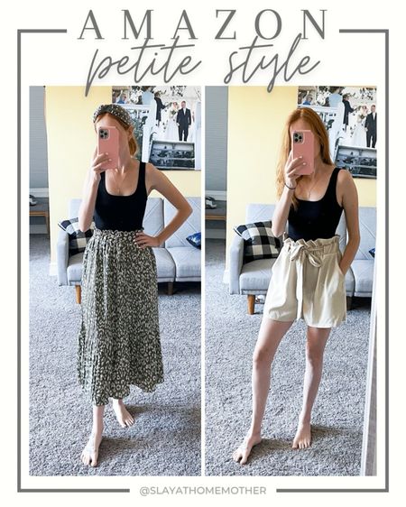 Petite friendly outfits that can be dressed up or down - love these petite amazon basics!

Left: 
green leopard skirt in XS
Black bodysuit in SMALL - hugs your midsection!

Right:
Tan tie shorts in size SMALL with wide leg
Same black bodysuit in size SMALL

Petite style, petite outfit, petite amazon outfit, petite fashion, amazon basics#LTKunder50

#LTKSpringSale #LTKsalealert #LTKfindsunder50