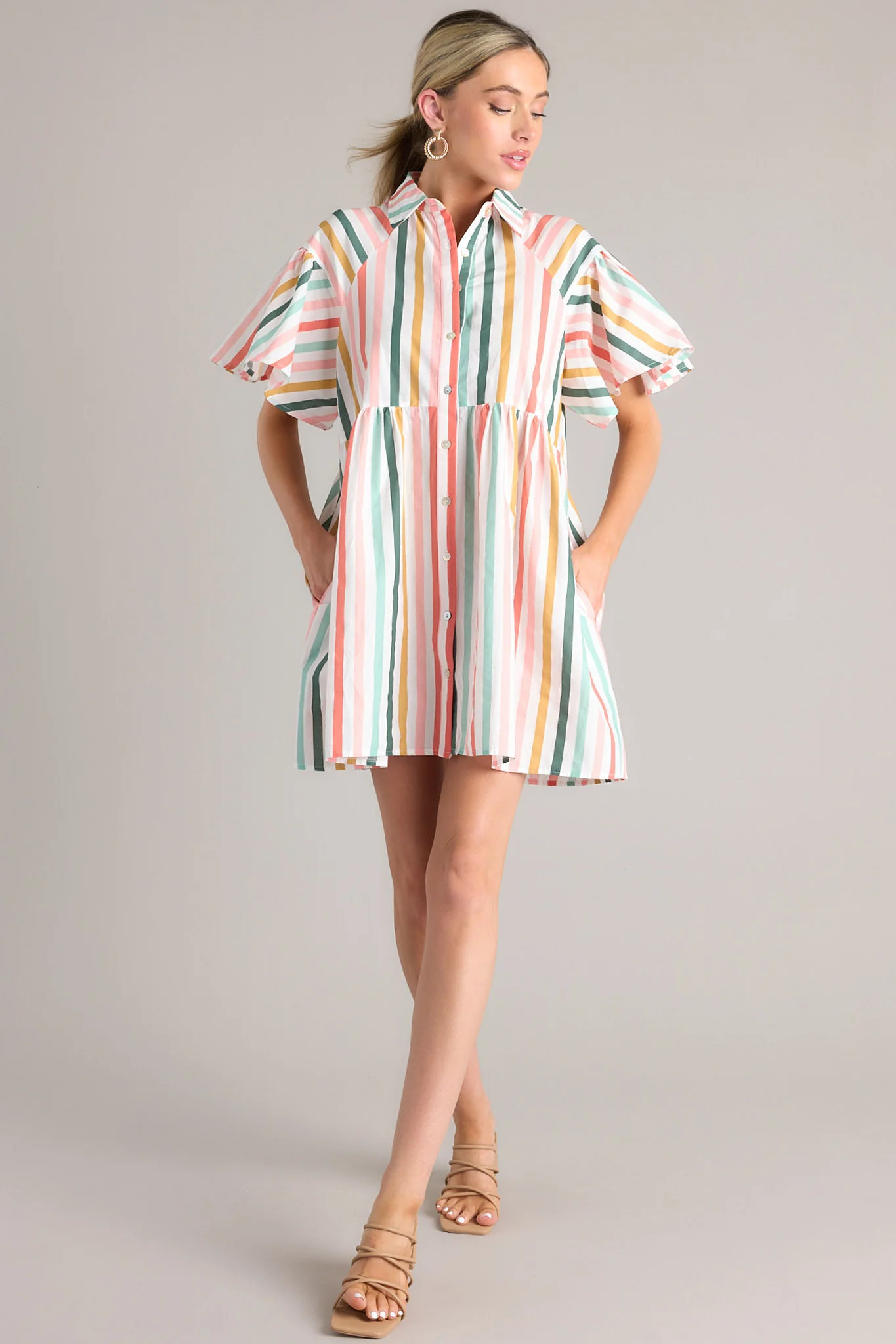 In The Clouds Desert Sage Green Multi Stripe Dress | Red Dress
