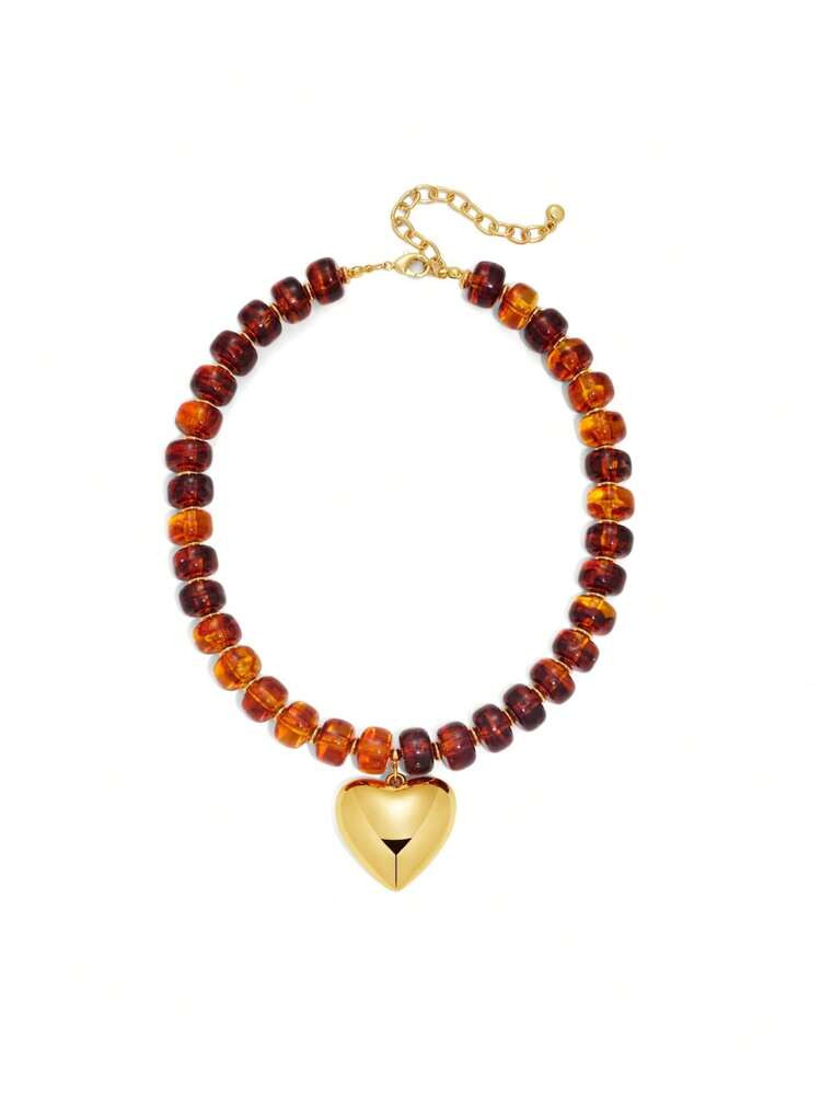 Chunky Heart Necklaces For Women Colorful Resin Beaded Choker Necklace Gold Puffy Heart Statement... | SHEIN