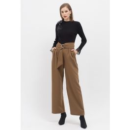 O-Ring Knotted Waist Wide Leg Pants in Olive | Chicwish