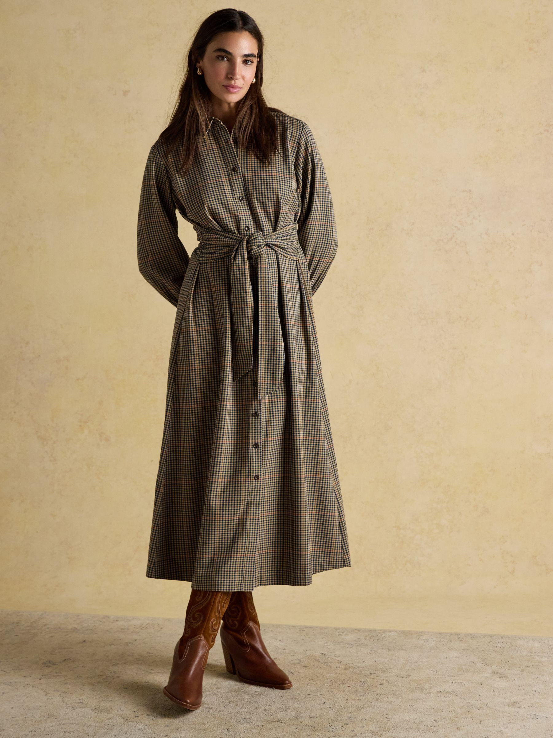 Clarice Brown Check Knot Waist Midi Dress with Button Fastening and Collar | Joules | Joules