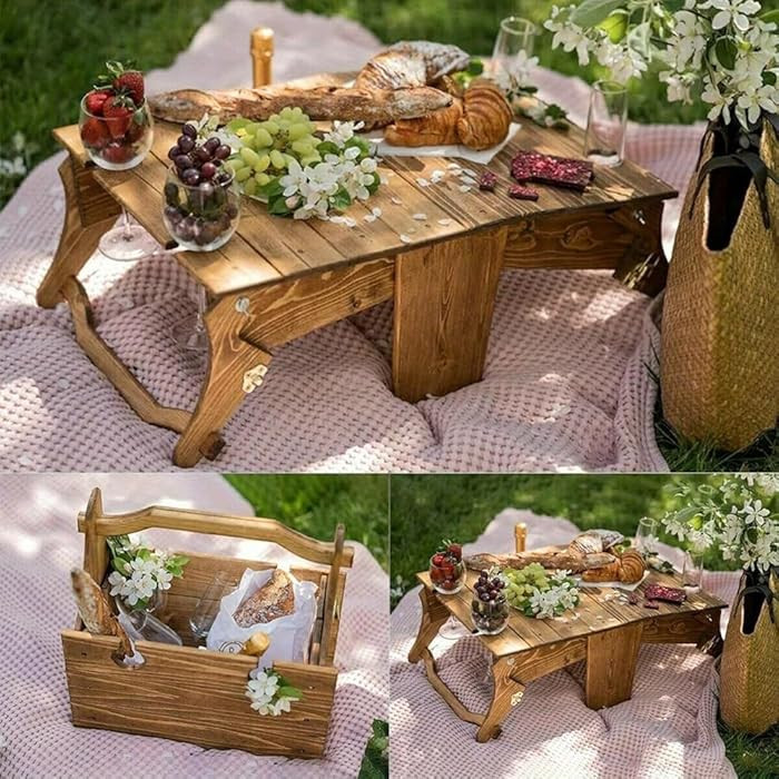 Portable Wooden Picnic Table with Wine Glass Holder - Foldable 2-in-1 Outdoor Snack Tray for Chee... | Amazon (US)