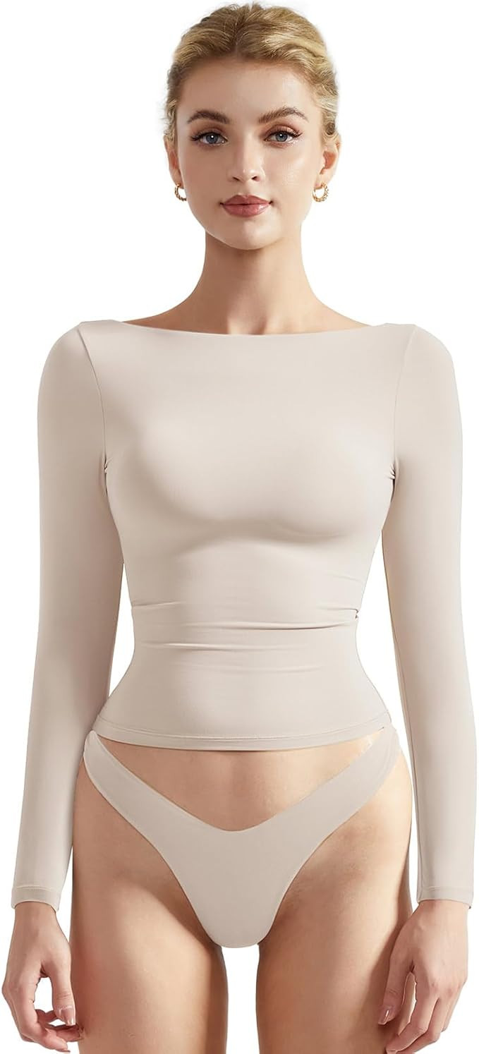 SUUKSESS Women Crew Neck Long Sleeve T Shirts Double Lined Tight Fitted Crop Top | Amazon (US)