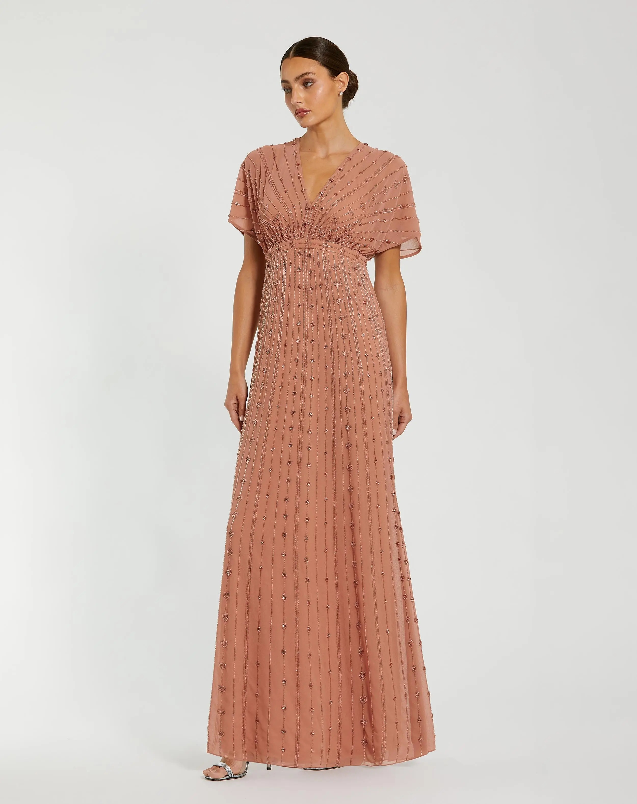 Pink Beaded Short Sleeve V-Neck Gown | Mac Duggal | Mac Duggal