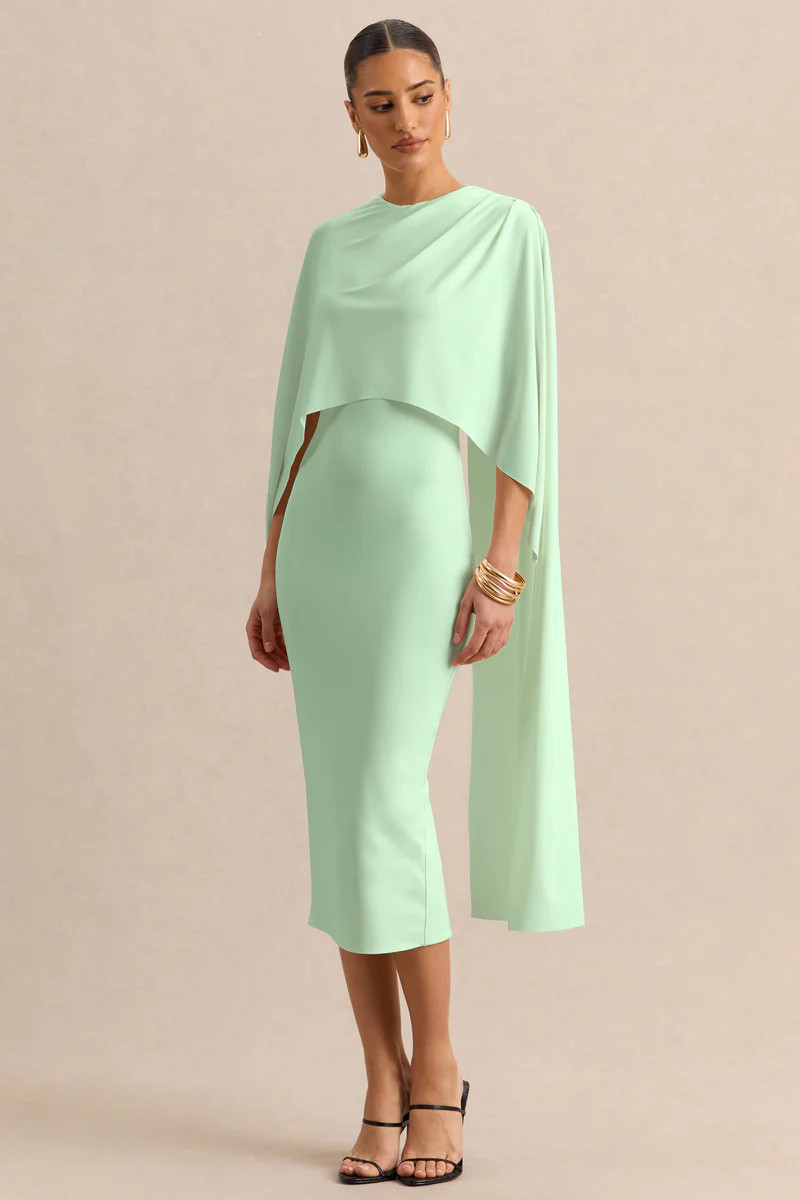 Luxalyn  Green Round-Neck Midi Dress With Cape-Detail | Club L London