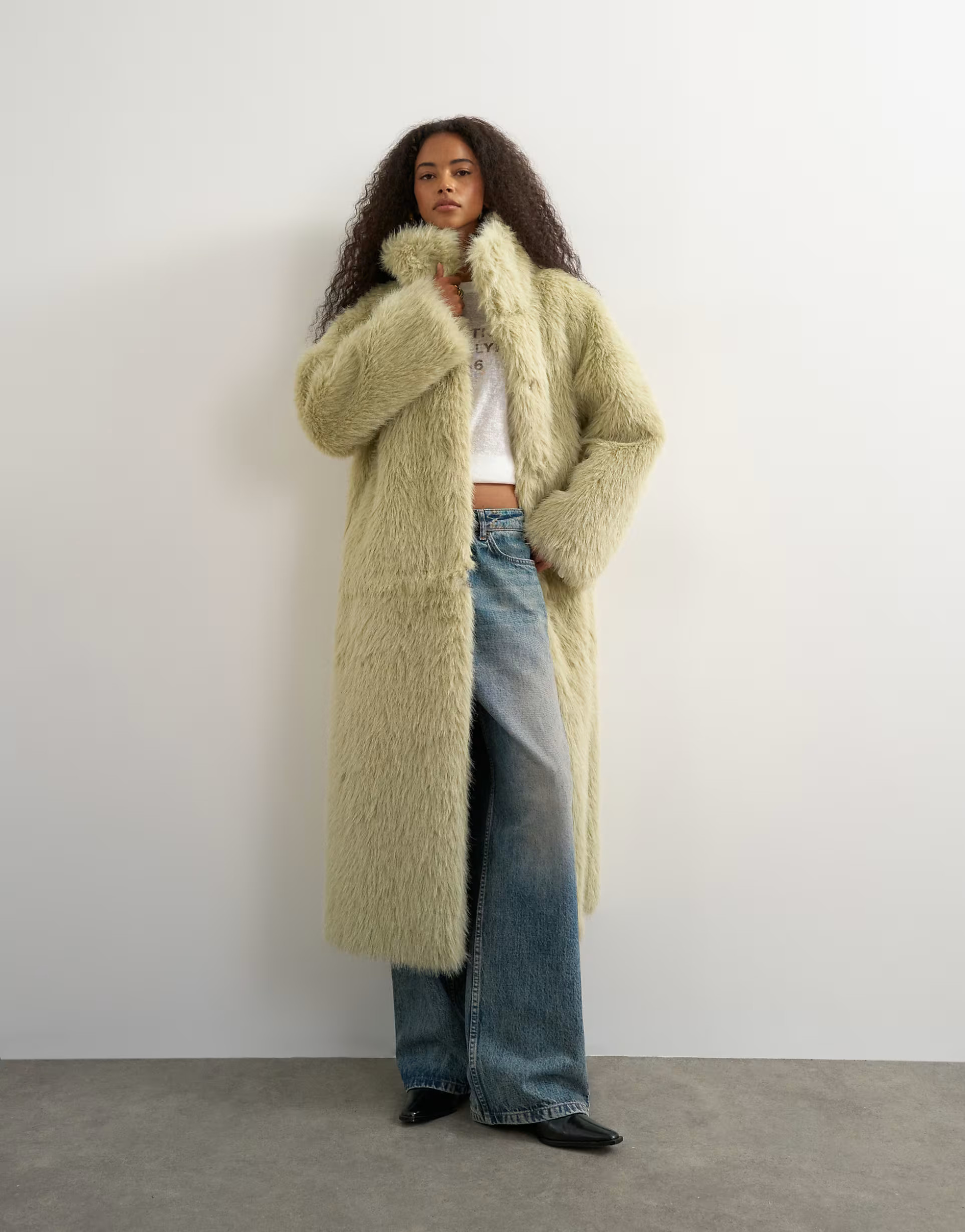 Topshop faux fur funnel neck detachable length coat in light green | ASOS (Global)