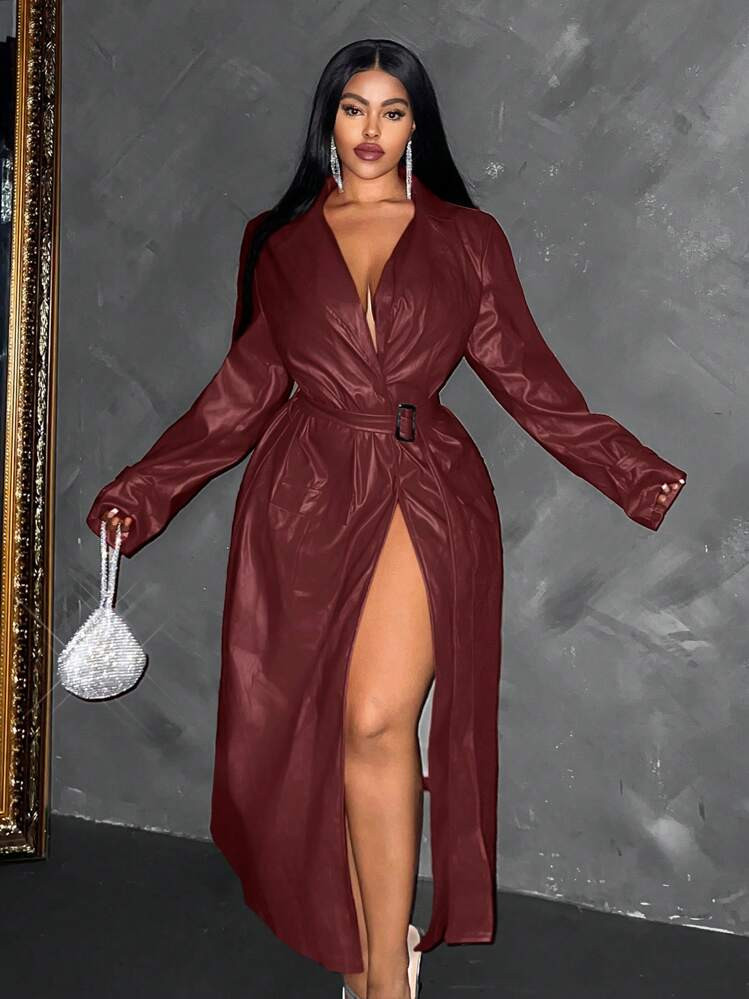 Maweii Plus Size Women's Cool Style Long PU Leather Jacket, Loose Fit Belt Decor, Slimming Look | SHEIN