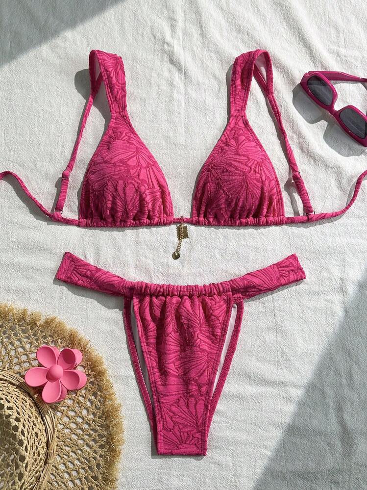 SHEIN Swim Spring Break Women Beach Vacation 2pcs Set, Special Texture Fabric Solid Color Triangle Bikini Swimsuit With Pendant, Summer Outfits | SHEIN