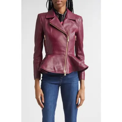 L'AGENCE Lyric Leather Peplum Biker Jacket in Rhododendron at Nordstrom, Size Xx-Small | Nordstrom