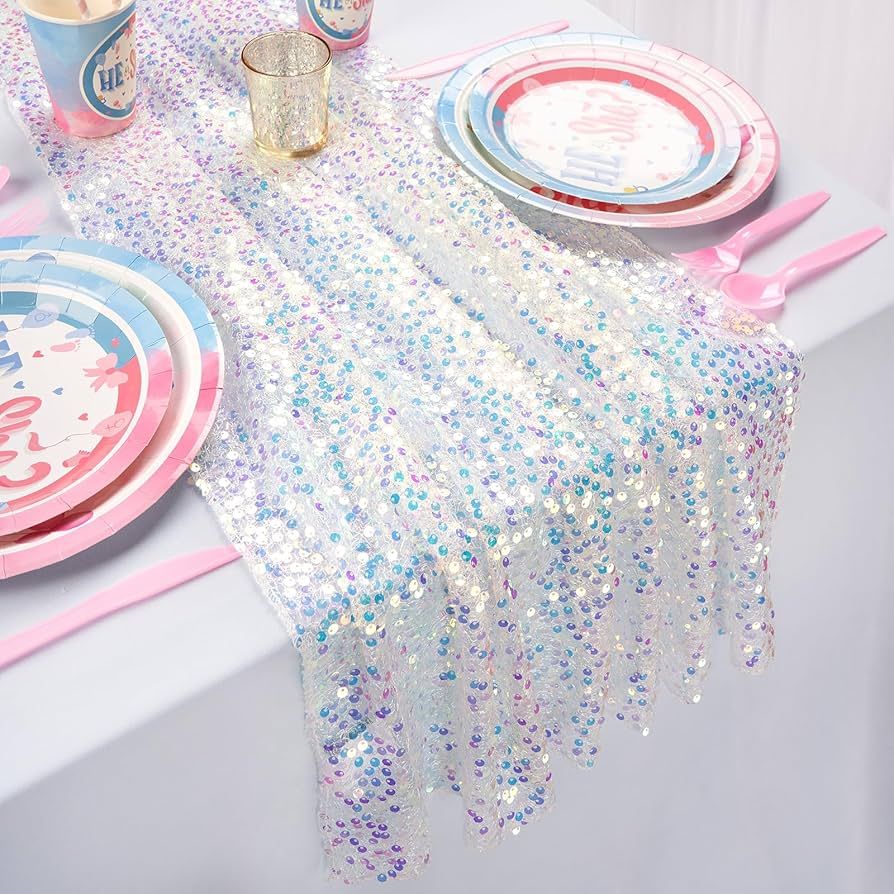 White Table Runner: 25x120 Inches Long 10FT - Iridescent Sequin Table Runner Glitter Fabric for P... | Amazon (US)