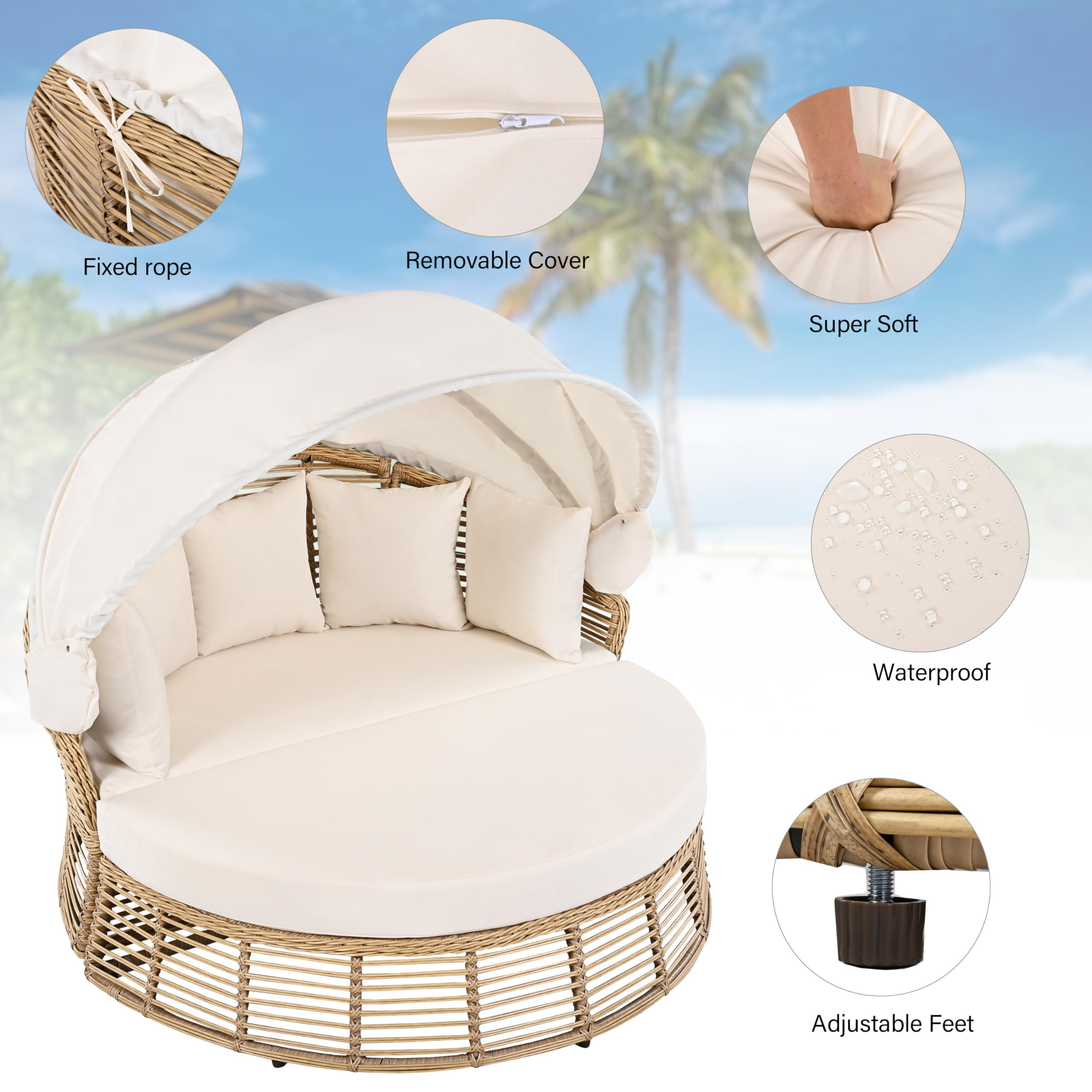 Merax Outdoor Chaise Lounge Daybed for Outside Patio Furniture Wicker with Retractable Canopy Recliner Yellow Rattan Sunbathing Lounger Sofa Sunbed Pool Reclining Sunbed, Khaki Cushion | Amazon (US)
