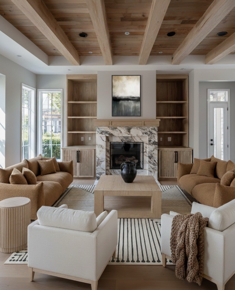 A sculptural take on cozy design — this modern organic living room blends architectural warmth with sophisticated contrast. The veined marble fireplace anchors the space with texture and movement, framed by oak built-ins that bring natural character. Camel boucle sofas add depth and softness, complemented by ivory armchairs and a light oak square coffee table for balance. A ribbed wood side table, black ceramic vase, and striped wool rug introduce subtle pattern and tone variation. Finished with a wood beam ceiling that draws the eye upward, this space defines timeless, lived-in luxury.

Shop the look:
Camel boucle sofas | Ivory armchairs | Oak coffee table | Ribbed wood side tables | Striped wool rug | Marble fireplace surround | Ceramic vase | Neutral knit throw | Abstract wall art | Beam ceiling design 

#LTKSaleAlert #LTKFindsUnder100 #LTKHome