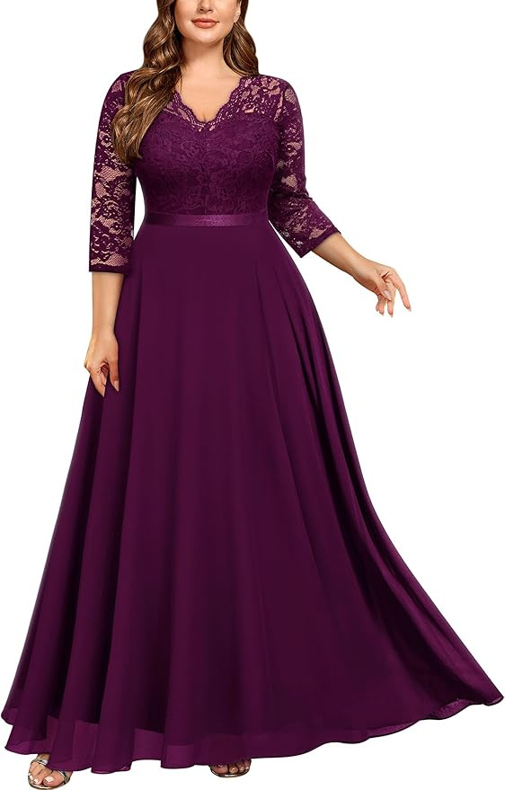 Miusol Women's Formal Floral Lace V Neck Plus Size Bridesmaid Party Maxi Dress | Amazon (US)