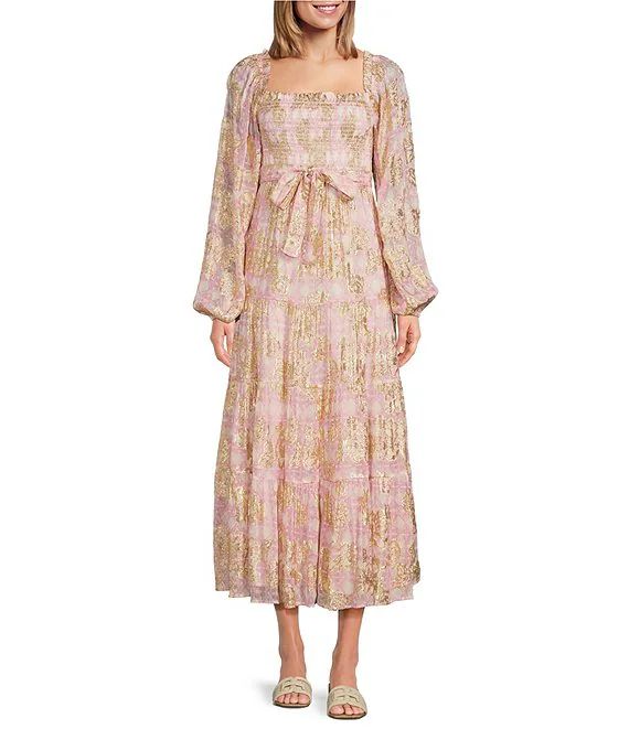 Lurex Metallic Floral Printed Long Sleeve Square Neck Smocked Midi Dress | Dillard's