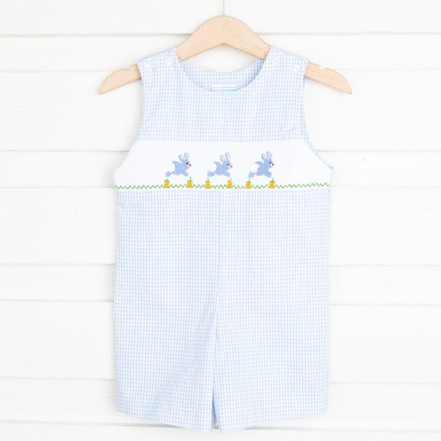 Bunny and Carrots Smocked Jon Jon Light Blue Seersucker | Classic Whimsy