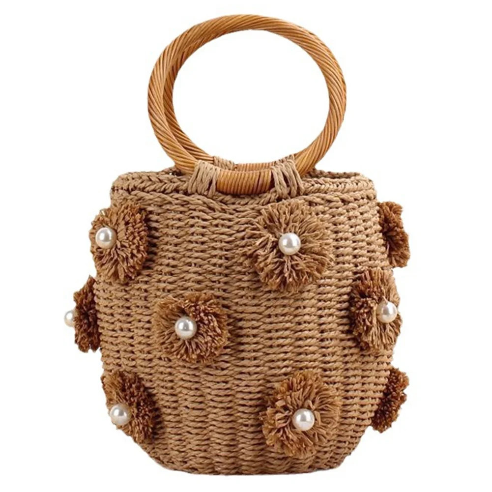 SUNHUFA Women Straw Bucket Bag with Pearls Drawstring Wrist Bag Summer Holiday Beach Bag | Walmart (US)