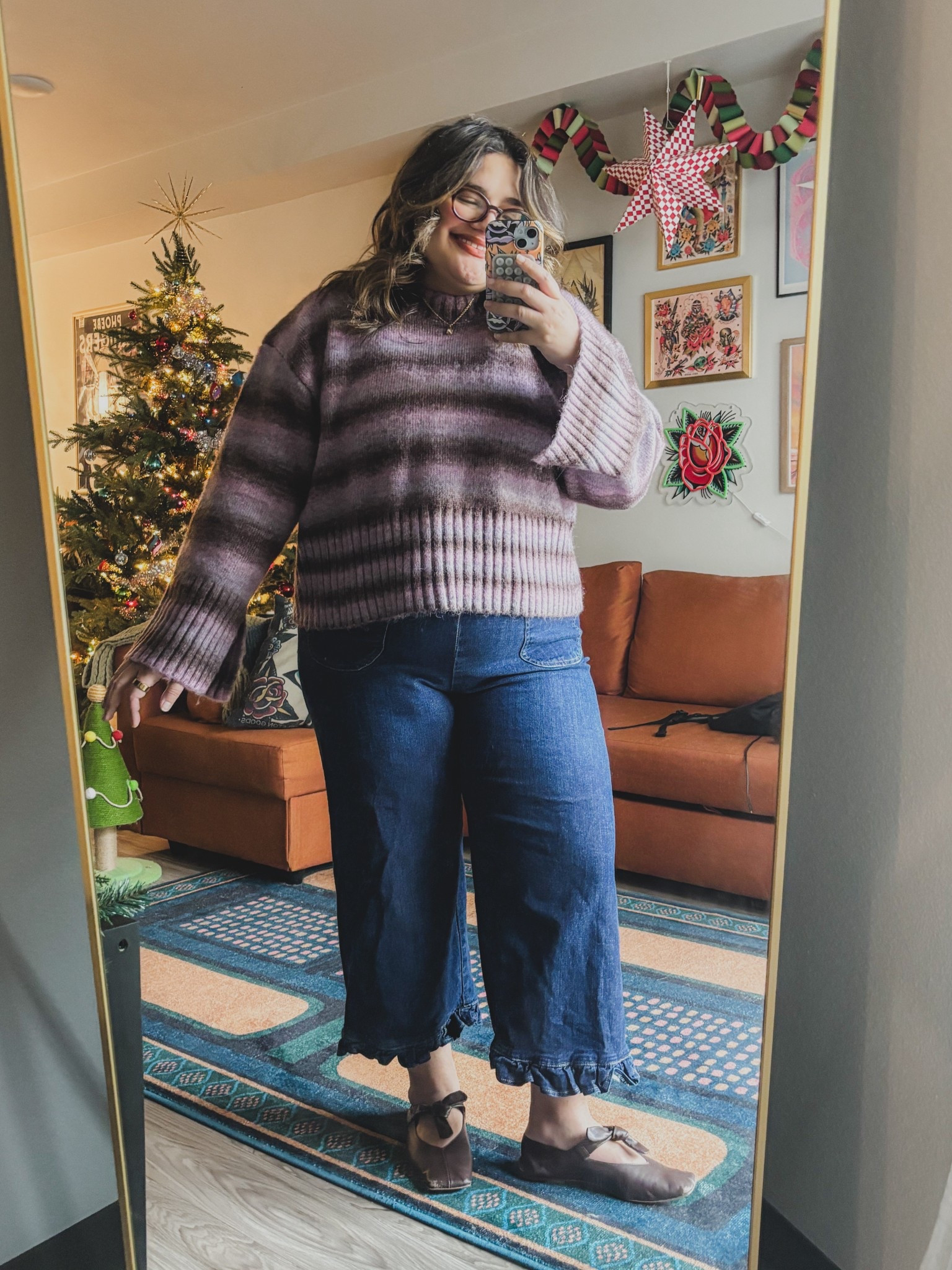 What I am wearing to the office today as a midsize gal 🫶 striped sweater, ruffle hem Collette pants, bow Mary Jane flats

#LTKootd #LTKMidsize #LTKWorkwear