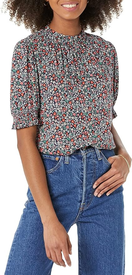 Amazon Essentials Women's Fluid Twill Short Puff Sleeve Smock Detail Shirt | Amazon (US)