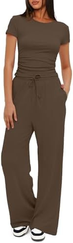 Darong Women's 2 Piece Set Outfits Lounge Sets Ruched Short Sleeve Tops High Waisted Wide Leg Pan... | Amazon (US)