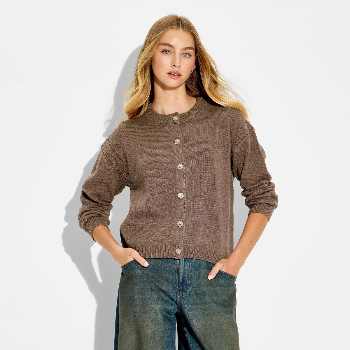 Women's Crewneck Cable Trim Cardigan - Wild Fable™ Brown M | Target
