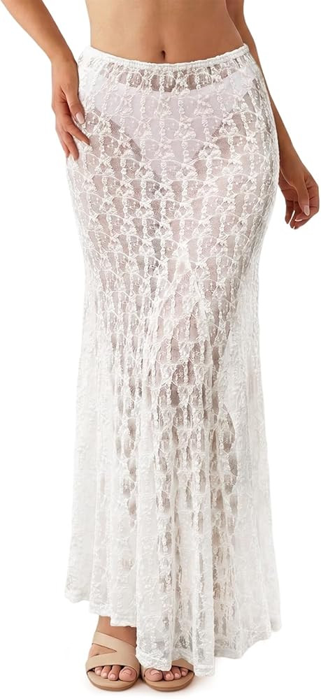 Fisoew Falda larga de encaje para mujer, de verano, cintura alta, casual, acampanada, Y2K, playa,... | Amazon (US)