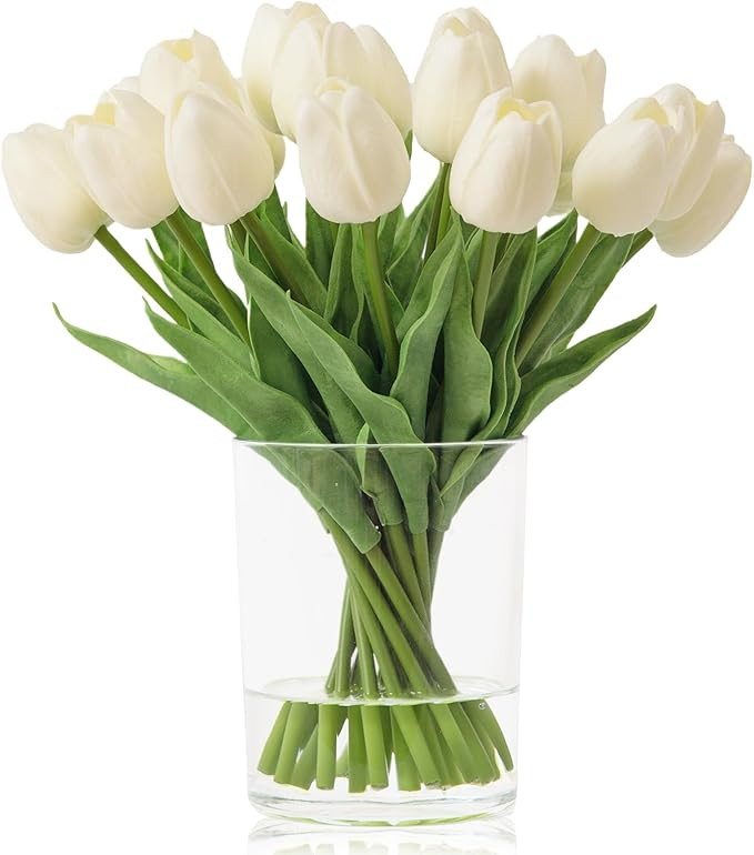 WELL KNOWN 20 Pcs White Tulips Artificial Flowers in Vase, Fake Flowers in Glass Vase, Real Touch... | Amazon (US)