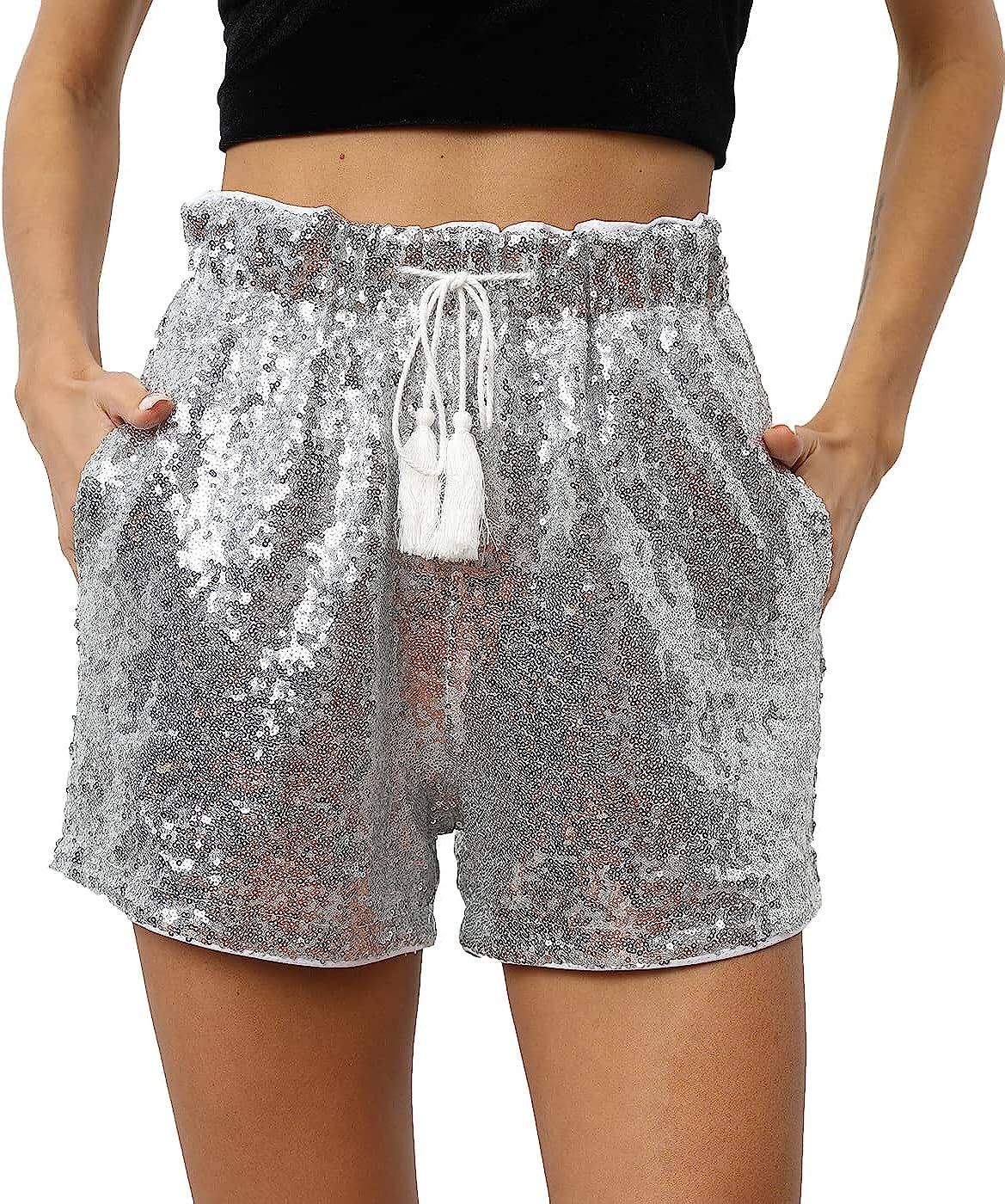 Women Summer Sequins Shorts High Waist Casual Loose A Line Hot Pants Sparkly Clubwear Night-Out S... | Amazon (US)