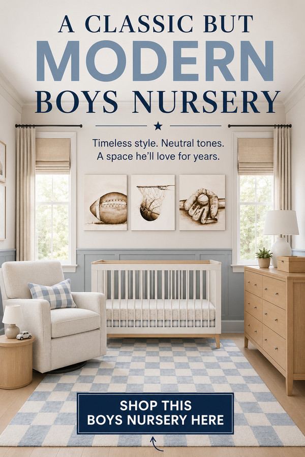 Create a timeless space with this modern boys nursery featuring classic wall paneling, soft blue accents, natural wood f
