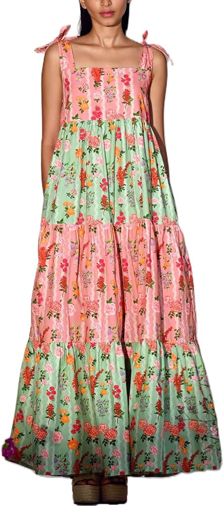 Boho Flowy Summer Dresses Sundresses for Women 2024 Floral Smocked Off Shoulder Tie Strap Tiered ... | Amazon (US)