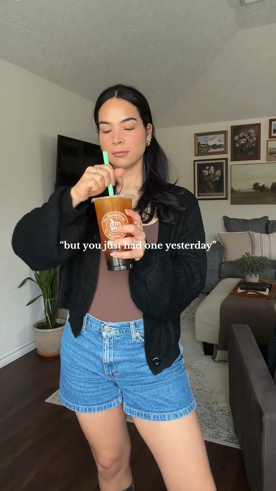 and i might just get another one tomorrow 🧋💕 denim shorts outfit, brown tank top outfit, black cardigan outfit, casual errands outfit, everyday running errands outfit, casual summer outfit inspo, comfy cute outfit, everyday outfit formula, relaxed chic outfit, brown bodysuit styling, neutral casual outfit, black knit cardigan layering, denim shorts casual look, effortless everyday style, minimal girl outfit, comfortable but put together outfit, easy outfit ideas, running errands vlog, casual day in my life, everyday lifestyle content, realistic outfit inspo, coffee run outfit, boba run outfit, day out casual look, chill girl aesthetic, boba date vibes, boba tea aesthetic, cozy casual vibes, soft neutral outfit, pinterest inspired casual, cool girl everyday style, laid back chic look, casual outfit inspo pinterest, errands outfit ideas, denim shorts styling ideas, neutral outfit inspo, everyday outfit board  

 #LTKNYFW #LTKValentine #LTKdayinmylife