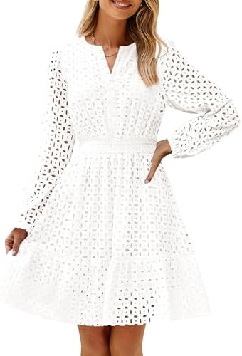 ZESICA Women's 2026 Long Sleeve Mini Dress Fall V Neck Hollow Out Eyelet Embroidery Ruffle A Line... | Amazon (US)