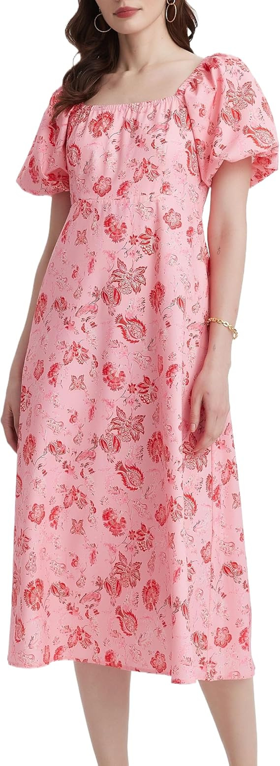 LifeShe Women Summer Floral Dress Puff Short Sleeve Square Neck Smocked Flowy Midi Dresses | Amazon (US)