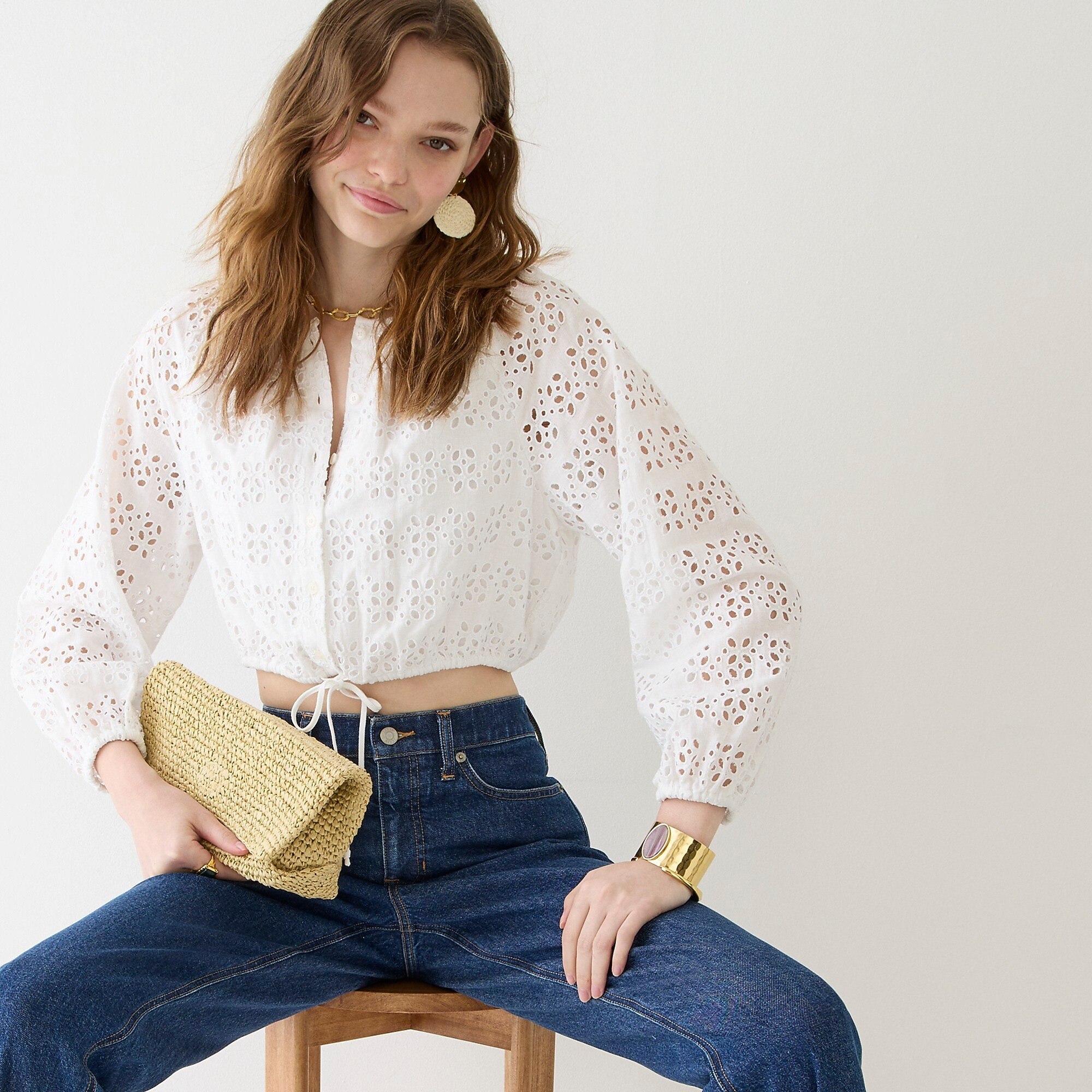 Long-sleeve linen crop top in eyelet | J. Crew US
